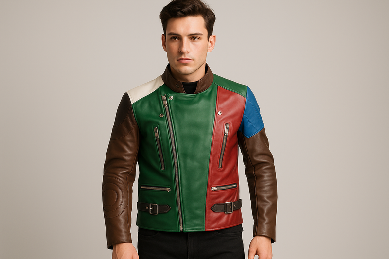 Handsome man wearing the multicolored leather jacket