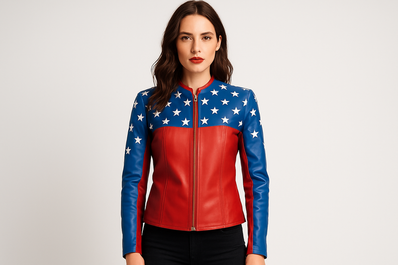Model wearing American flag jacket - front view