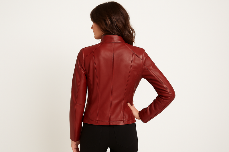 Model wearing red leather jacket - back view