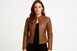 Model wearing tan quilted jacket - front view