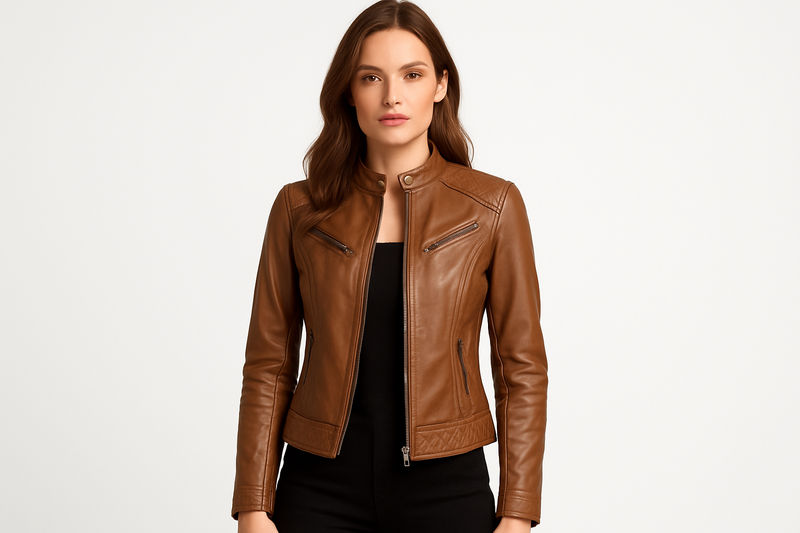 Model wearing tan quilted jacket - front view