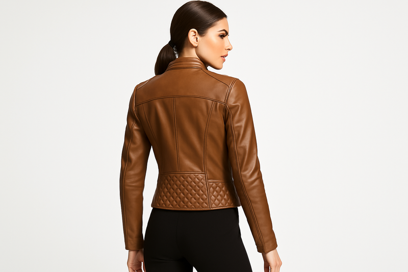 Model wearing tan quilted jacket - back view