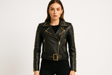 Model wearing black studded jacket - front view