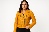 Model wearing yellow leather jacket - front view