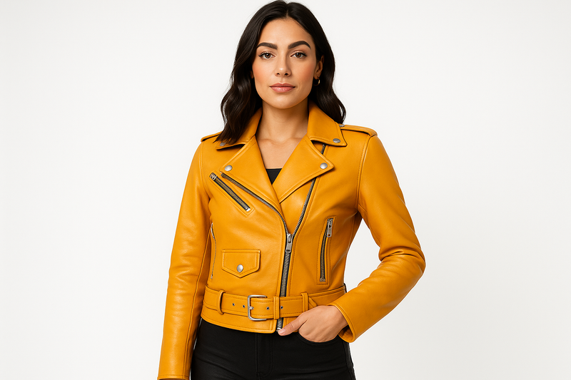 Model wearing yellow leather jacket - front view