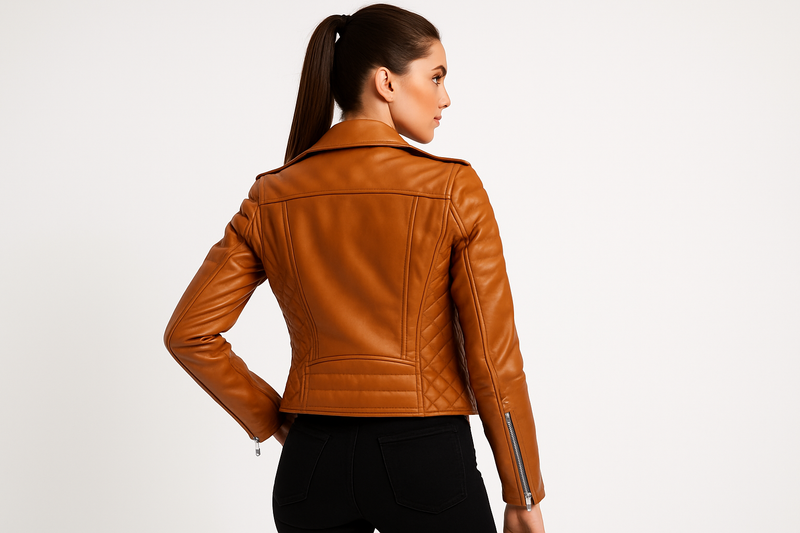 Model wearing tan leather jacket - back view
