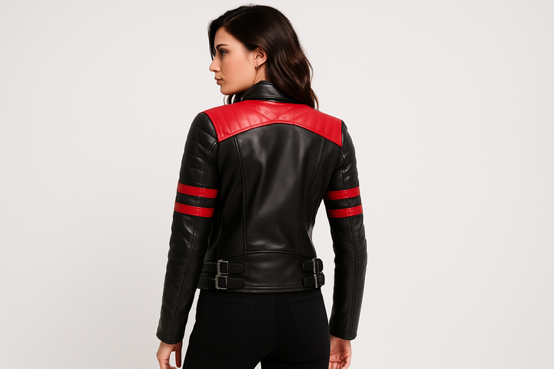 Model wearing black red accent jacket - back view