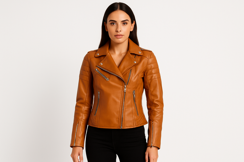 Model wearing tan leather jacket - front view