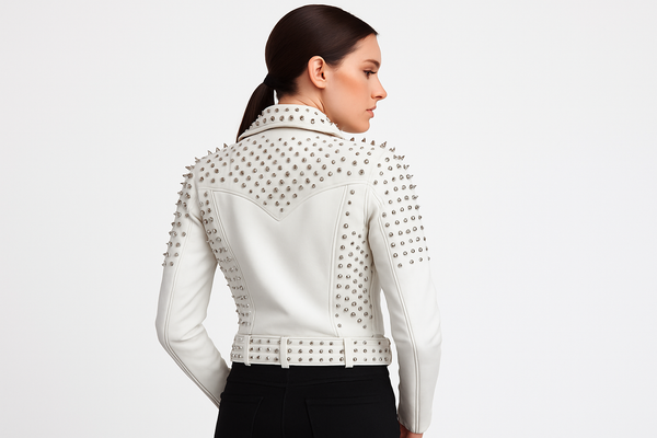 Model wearing white studded jacket - back view