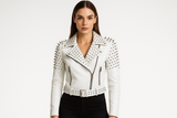 Model wearing white studded jacket - front view