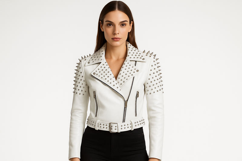 Model wearing white studded jacket - front view