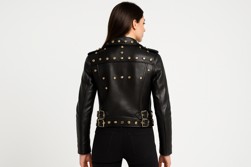 Model wearing black studded jacket - back view