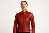 Model wearing red leather jacket - front view
