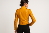 Model wearing yellow leather jacket - back view