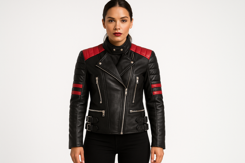 Model wearing black red accent jacket - front view