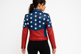 Model wearing American flag jacket - back view