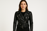 Model wearing classic black jacket - front view