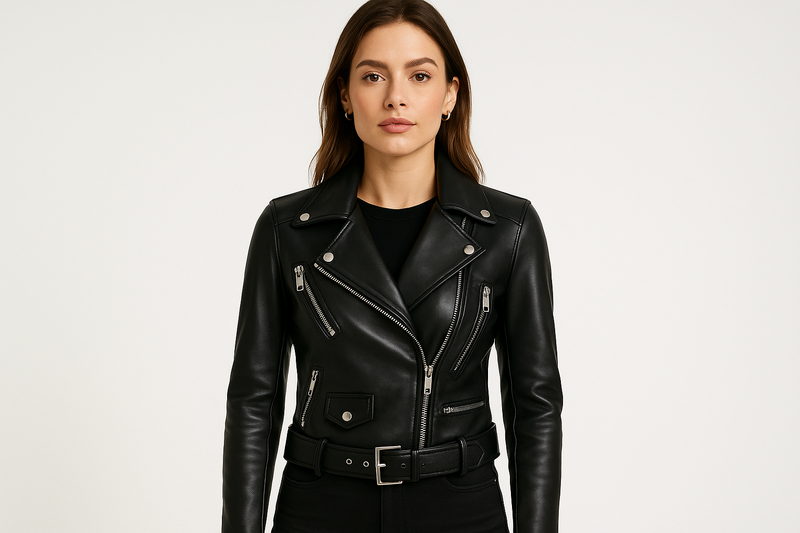 Model wearing classic black jacket - front view